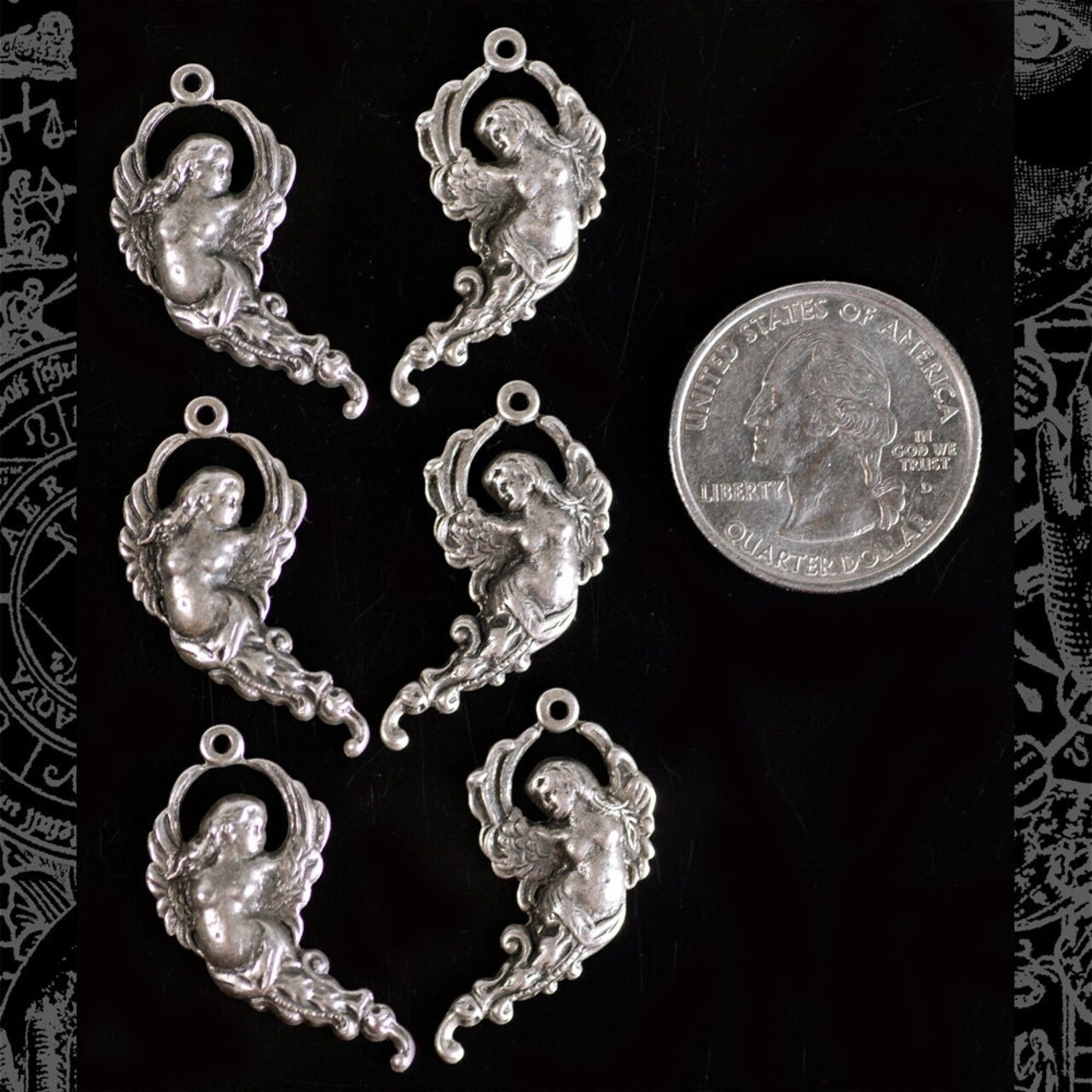 Antiqued Silver Plated Brass Flying Angel Charms - Three Sets of Two - S-C23